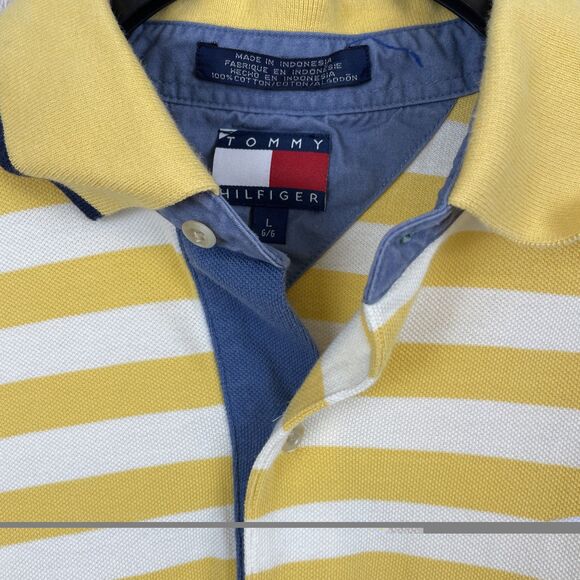 VTG Tommy Hilfiger Mens Long Sleeve Polo Shirt L Yellow Stripe Crest 1/4 Button - Picture 5 of 9
